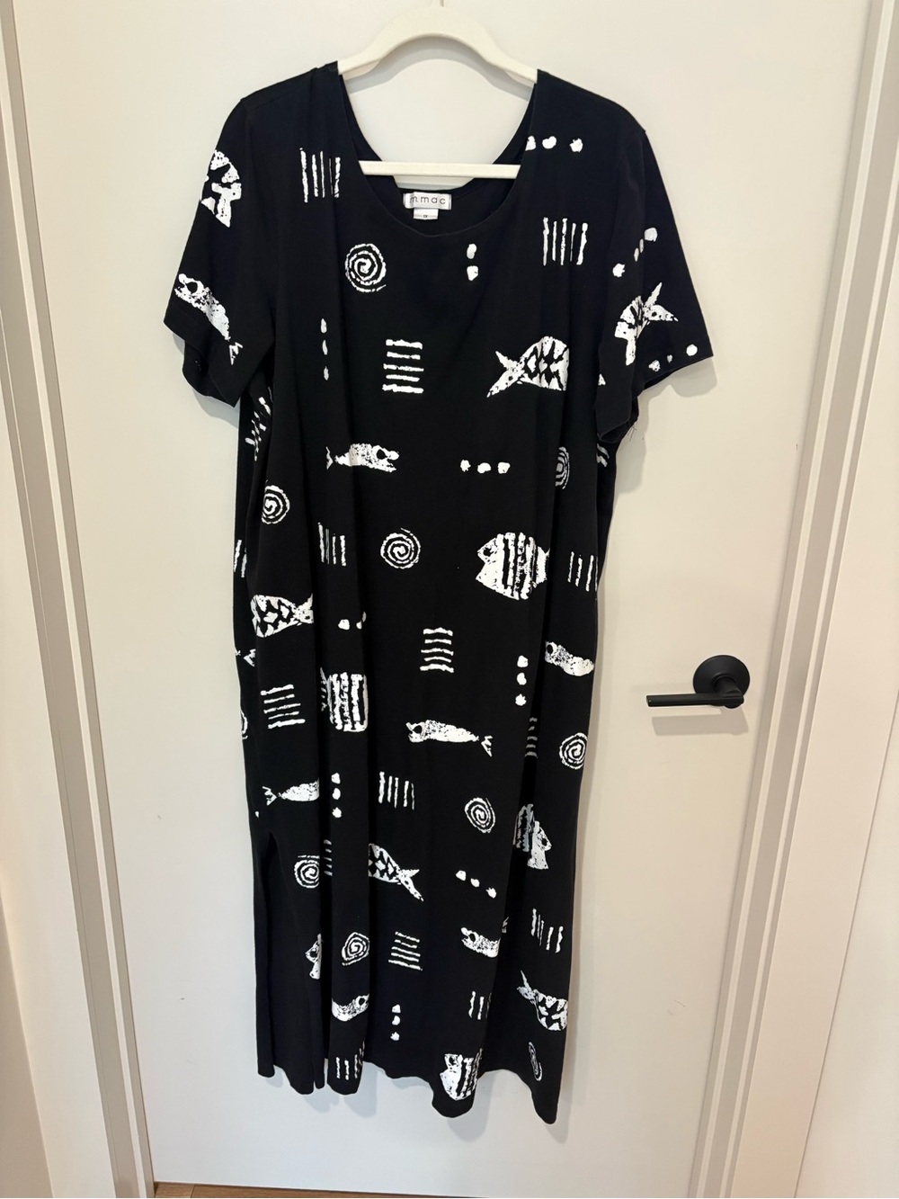 VNTG M.Mac Cotton Fields Black Fish Print Dress USA made Plus Size 1X